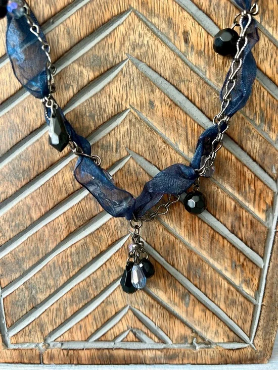 Cookie Lee Navy Ribbon Gunmetal Chain Crystal Dangle Beaded Necklace - Picture 8 of 12